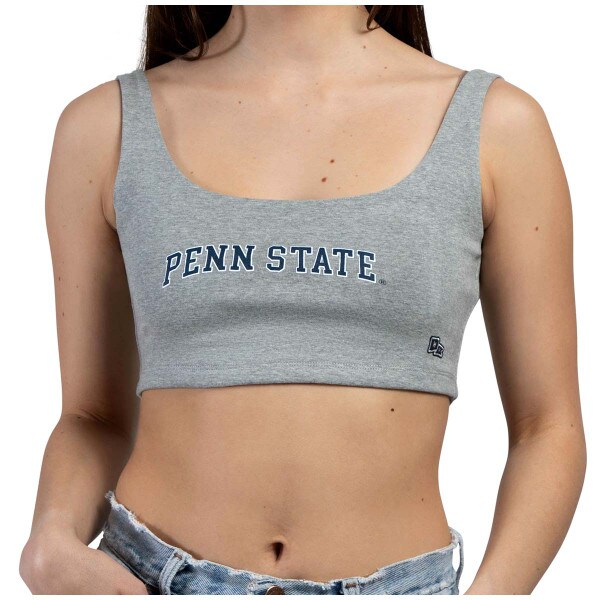 model wearing women's gray scoop neck crop top with screened Penn State